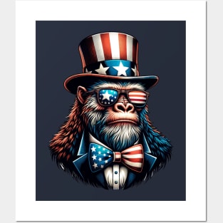 Bigfoot Uncle Sam Hat Sunglasses American Flag 4th of July Posters and Art